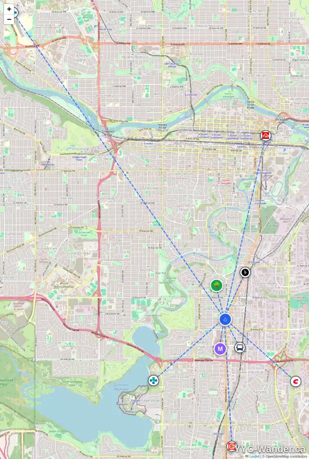 Daily accessibility map for 409 55 AV SW, Calgary showing nearby schools, grocery stores, parks, LRT stations and nearby amenities