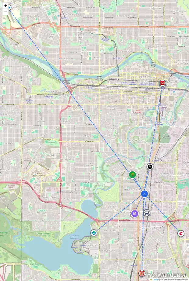 Daily accessibility map for 5528 2 ST SW, Calgary showing nearby schools, grocery stores, parks, LRT stations and nearby amenities