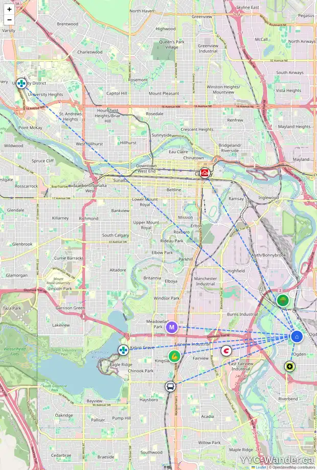 Daily accessibility map for 6624 20 ST SE, Calgary showing nearby schools, grocery stores, parks, LRT stations and nearby amenities