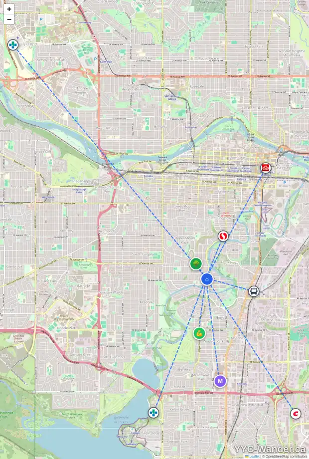 Daily accessibility map for 3828 6 ST SW, Calgary showing nearby schools, grocery stores, parks, LRT stations and nearby amenities