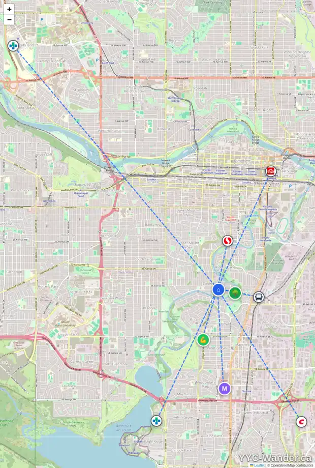 Daily accessibility map for 340 39 AV SW, Calgary showing nearby schools, grocery stores, parks, LRT stations and nearby amenities