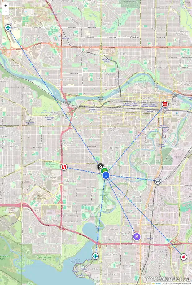 Daily accessibility map for 1311 38 AV SW, Calgary showing nearby schools, grocery stores, parks, LRT stations and nearby amenities