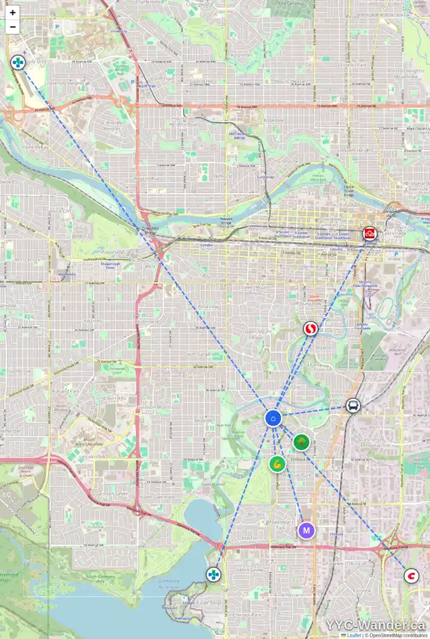 Daily accessibility map for 4244 BRITANNIA DR SW, Calgary showing nearby schools, grocery stores, parks, LRT stations and nearby amenities