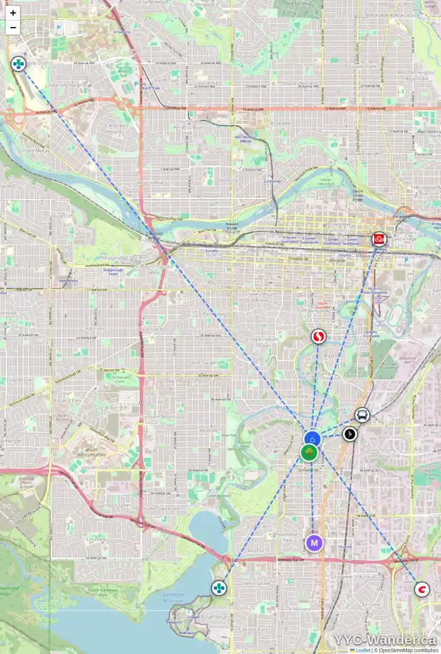 Daily accessibility map for 503 CRESCENT BV SW, Calgary showing nearby schools, grocery stores, parks, LRT stations and nearby amenities