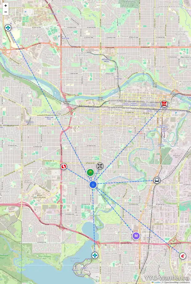 Daily accessibility map for 4227 15A ST SW, Calgary showing nearby schools, grocery stores, parks, LRT stations and nearby amenities