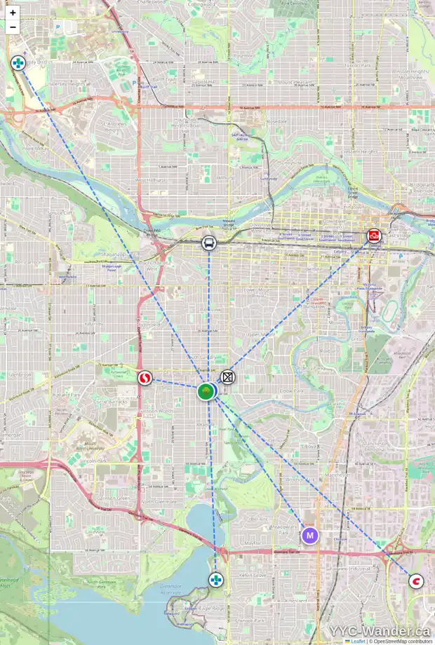 Daily accessibility map for 3808 16 ST SW, Calgary showing nearby schools, grocery stores, parks, LRT stations and nearby amenities
