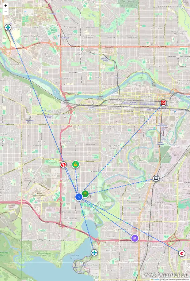 Daily accessibility map for 2024 48 AV SW, Calgary showing nearby schools, grocery stores, parks, LRT stations and nearby amenities