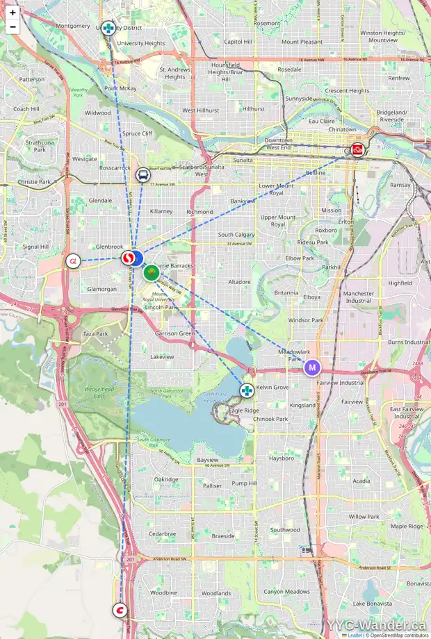 Daily accessibility map for 3736 36 AV SW, Calgary showing nearby schools, grocery stores, parks, LRT stations and nearby amenities