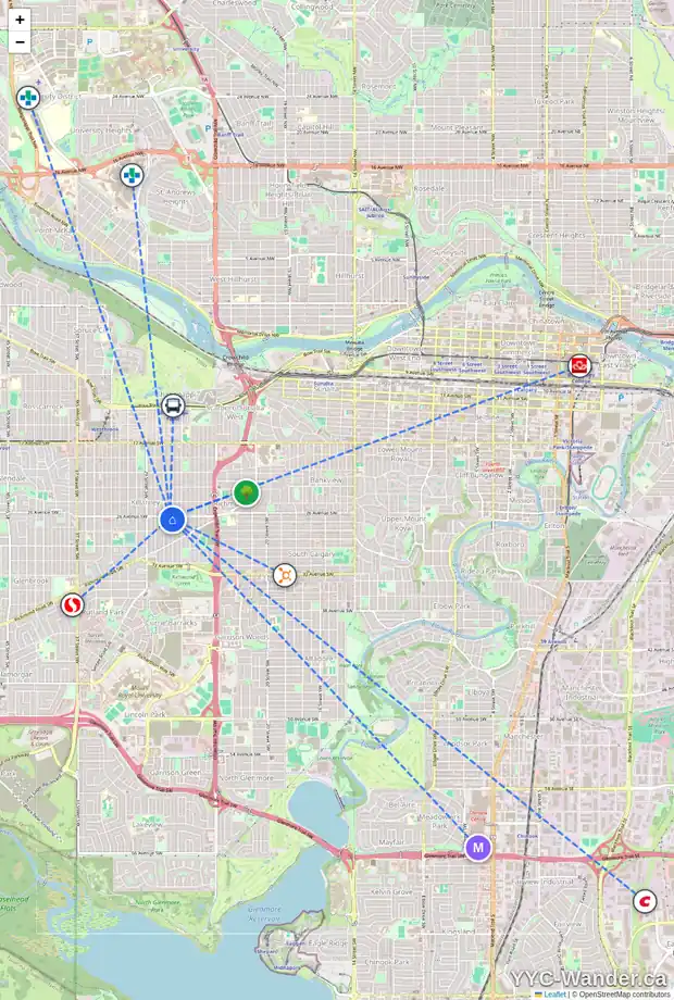 Daily accessibility map for 2801 26A ST SW, Calgary showing nearby schools, grocery stores, parks, LRT stations and nearby amenities
