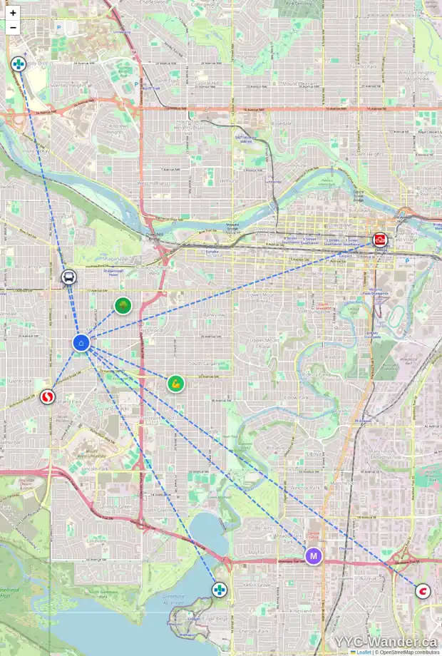 Daily accessibility map for 2812 32 ST SW, Calgary showing nearby schools, grocery stores, parks, LRT stations and nearby amenities