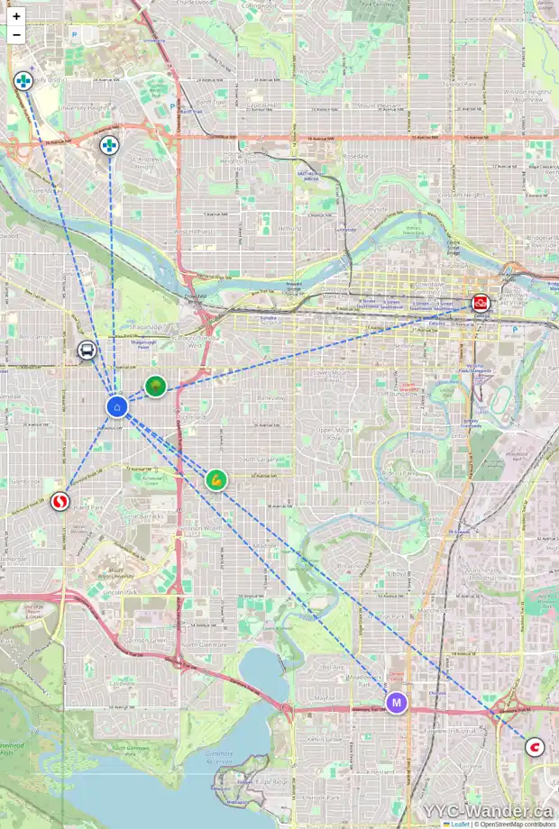 Daily accessibility map for 3031 23 AV SW, Calgary showing nearby schools, grocery stores, parks, LRT stations and nearby amenities