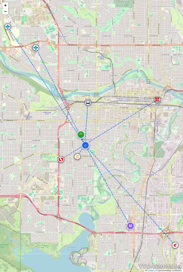 Daily accessibility map for 2902 17 ST SW, Calgary showing nearby schools, grocery stores, parks, LRT stations and nearby amenities