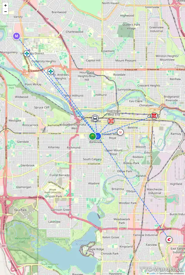 Daily accessibility map for 1826 16 ST SW, Calgary showing nearby schools, grocery stores, parks, LRT stations and nearby amenities