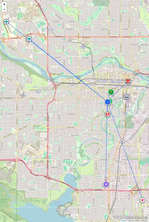 Daily accessibility map for 524 19 AV SW, Calgary showing nearby schools, grocery stores, parks, LRT stations and nearby amenities