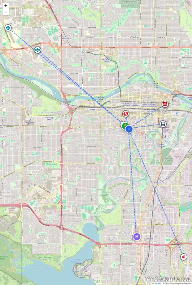 Daily accessibility map for 1719 COLLEGE LN SW, Calgary showing nearby schools, grocery stores, parks, LRT stations and nearby amenities