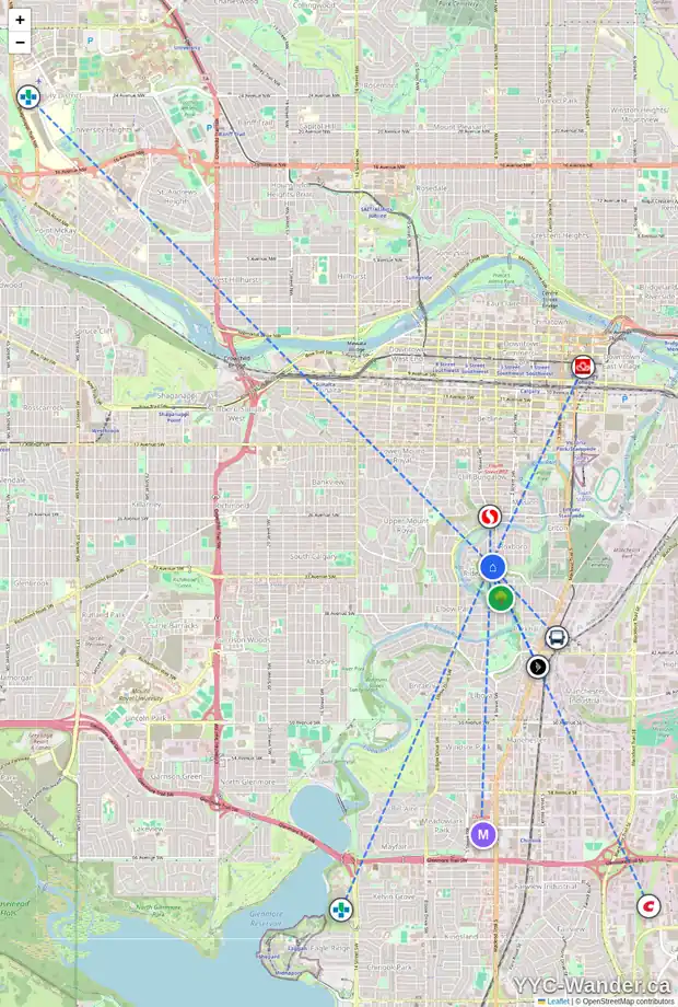 Daily accessibility map for 401 3204 RIDEAU PL SW, Calgary showing nearby schools, grocery stores, parks, LRT stations and nearby amenities