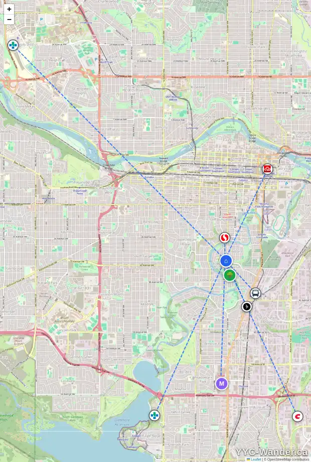 Daily accessibility map for 701 3204 RIDEAU PL SW, Calgary showing nearby schools, grocery stores, parks, LRT stations and nearby amenities