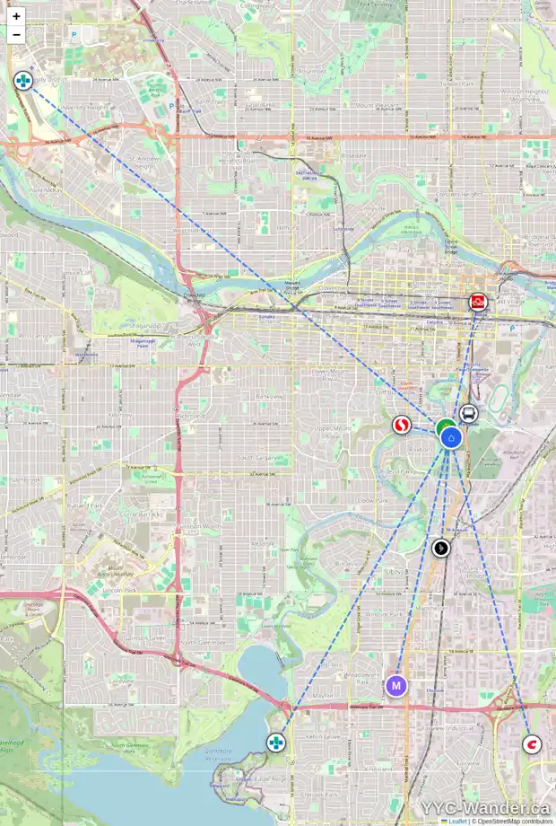Daily accessibility map for 2629 ERLTON ST SW, Calgary showing nearby schools, grocery stores, parks, LRT stations and nearby amenities