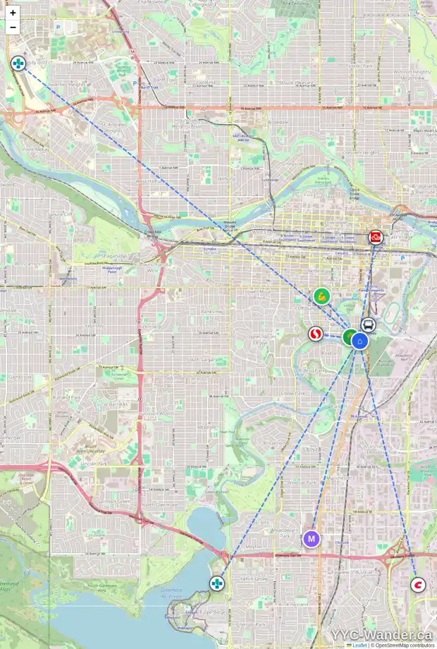 Daily accessibility map for 41 27 AV SW, Calgary showing nearby schools, grocery stores, parks, LRT stations and nearby amenities