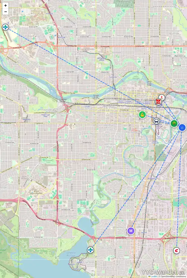 Daily accessibility map for 1830 ELIZABETH ST SE, Calgary showing nearby schools, grocery stores, parks, LRT stations and nearby amenities