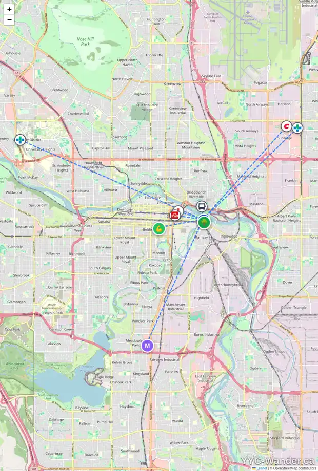 Daily accessibility map for 906 8 AV SE, Calgary showing nearby schools, grocery stores, parks, LRT stations and nearby amenities