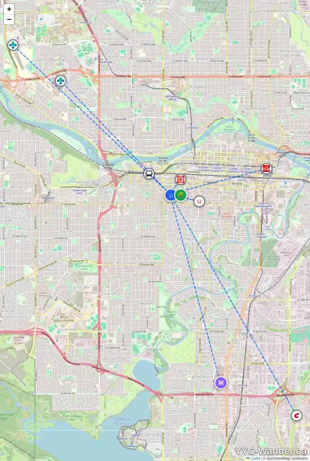Daily accessibility map for 701 1309 14 AV SW, Calgary showing nearby schools, grocery stores, parks, LRT stations and nearby amenities