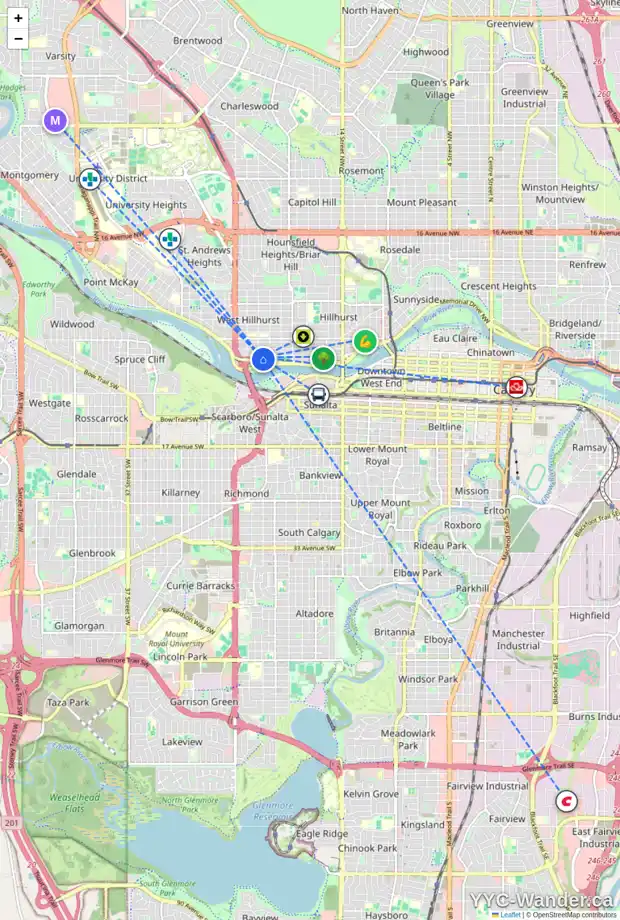Daily accessibility map for 2231 BROADVIEW RD NW, Calgary showing nearby schools, grocery stores, parks, LRT stations and nearby amenities