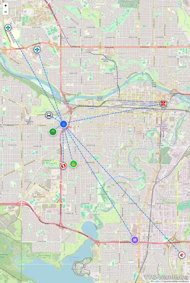 Daily accessibility map for 2421 15 AV SW, Calgary showing nearby schools, grocery stores, parks, LRT stations and nearby amenities