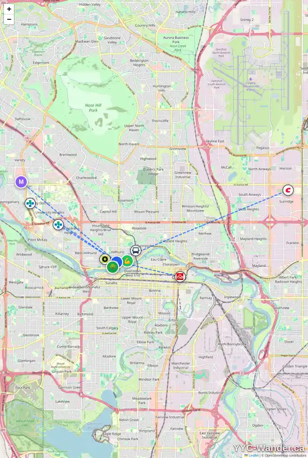 Daily accessibility map for 1633 WESTMOUNT RD NW, Calgary showing nearby schools, grocery stores, parks, LRT stations and nearby amenities