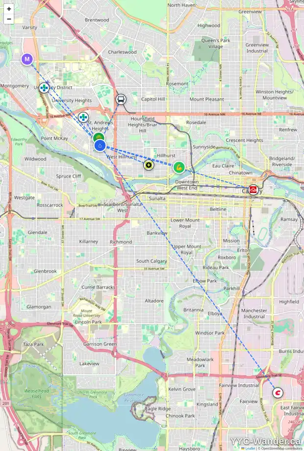 Daily accessibility map for 2739 7 AV NW, Calgary showing nearby schools, grocery stores, parks, LRT stations and nearby amenities