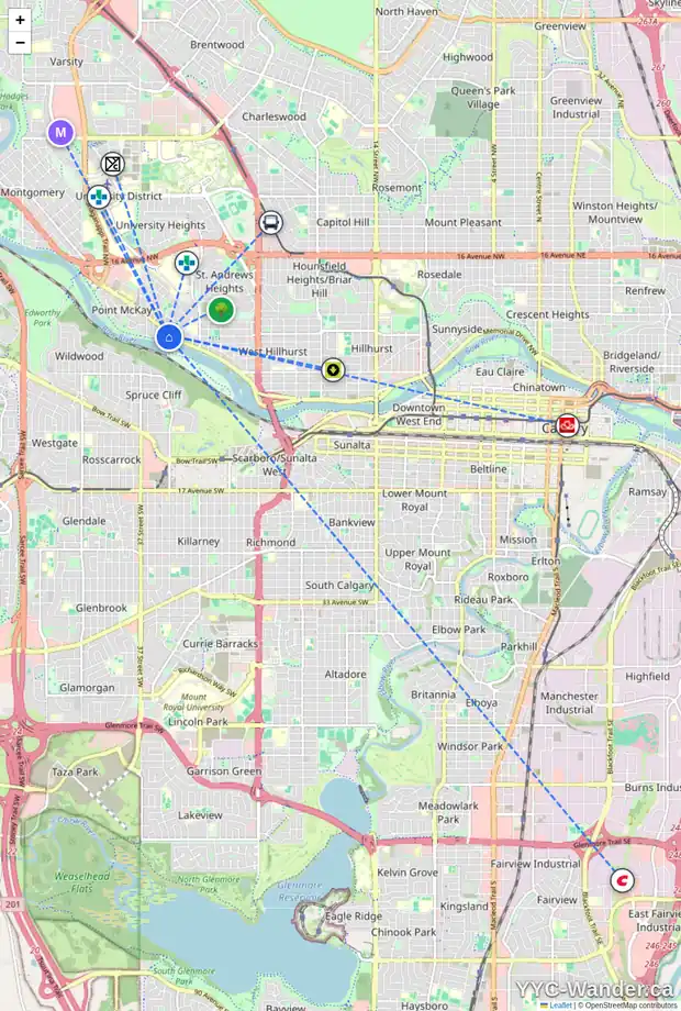 Daily accessibility map for 7 3402 PARKDALE BV NW, Calgary showing nearby schools, grocery stores, parks, LRT stations and nearby amenities