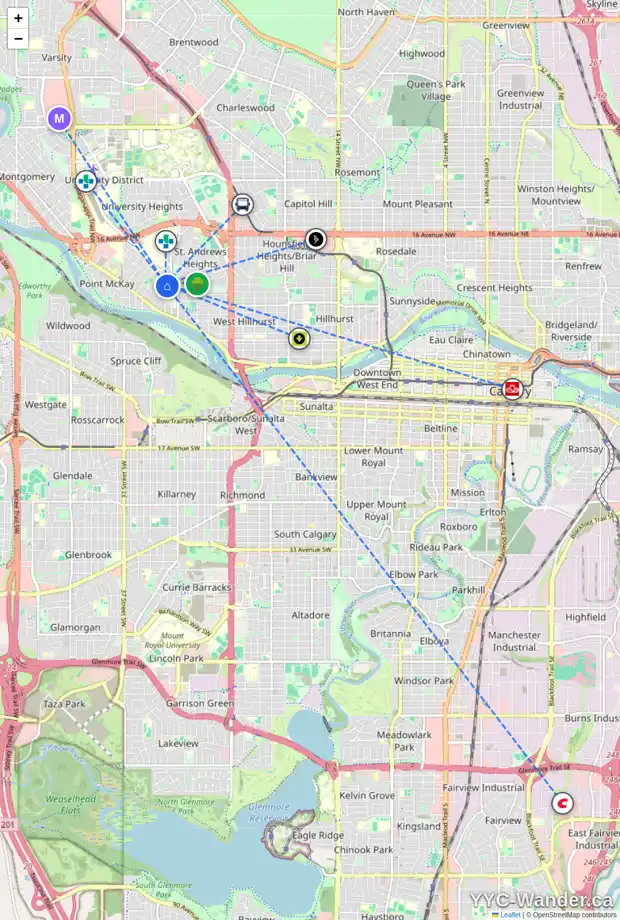 Daily accessibility map for 911 33 ST NW, Calgary showing nearby schools, grocery stores, parks, LRT stations and nearby amenities
