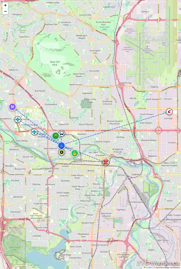 Daily accessibility map for 1929 6 AV NW, Calgary showing nearby schools, grocery stores, parks, LRT stations and nearby amenities