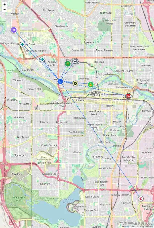 Daily accessibility map for 2425 2 AV NW, Calgary showing nearby schools, grocery stores, parks, LRT stations and nearby amenities