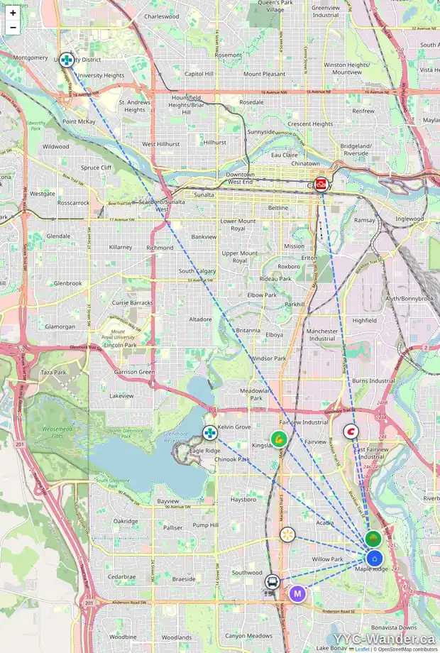 Daily accessibility map for 10435 MAPLERIDGE CR SE, Calgary showing nearby schools, grocery stores, parks, LRT stations and nearby amenities