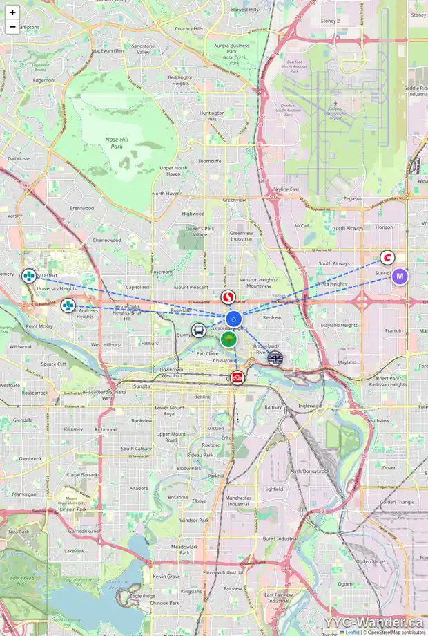 Daily accessibility map for 212 11 AV NE, Calgary showing nearby schools, grocery stores, parks, LRT stations and nearby amenities