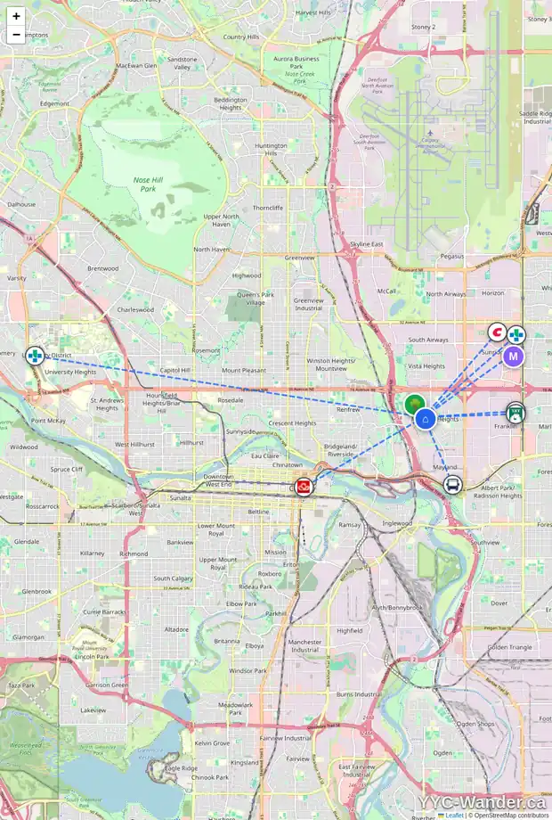 Daily accessibility map for 1008 18 ST NE, Calgary showing nearby schools, grocery stores, parks, LRT stations and nearby amenities