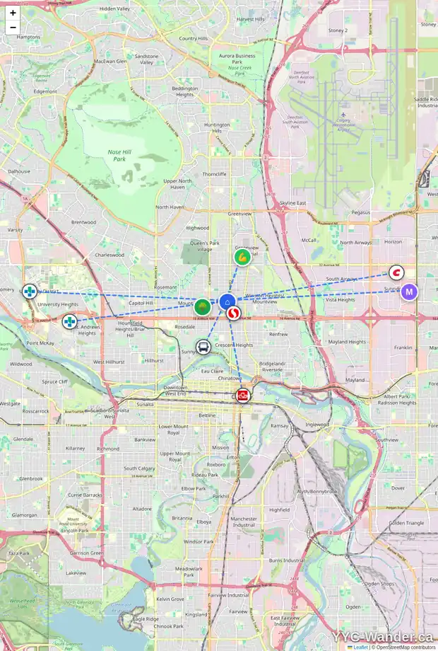 Daily accessibility map for 2203 1 ST NW, Calgary showing nearby schools, grocery stores, parks, LRT stations and nearby amenities