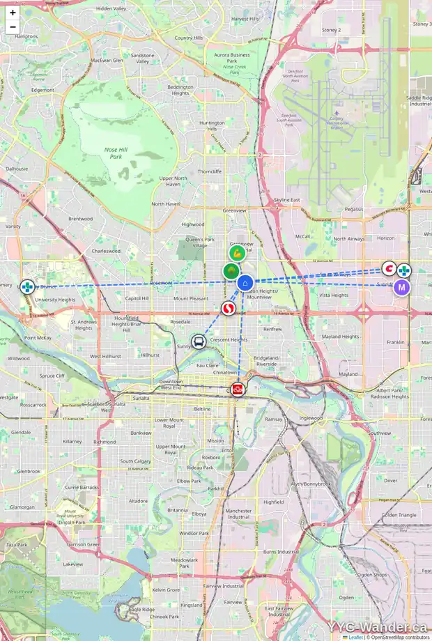 Daily accessibility map for 419 26 AV NE, Calgary showing nearby schools, grocery stores, parks, LRT stations and nearby amenities