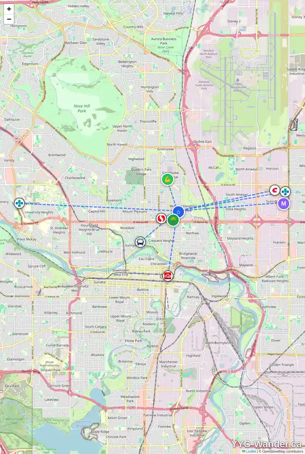 Daily accessibility map for 523 21 AV NE, Calgary showing nearby schools, grocery stores, parks, LRT stations and nearby amenities