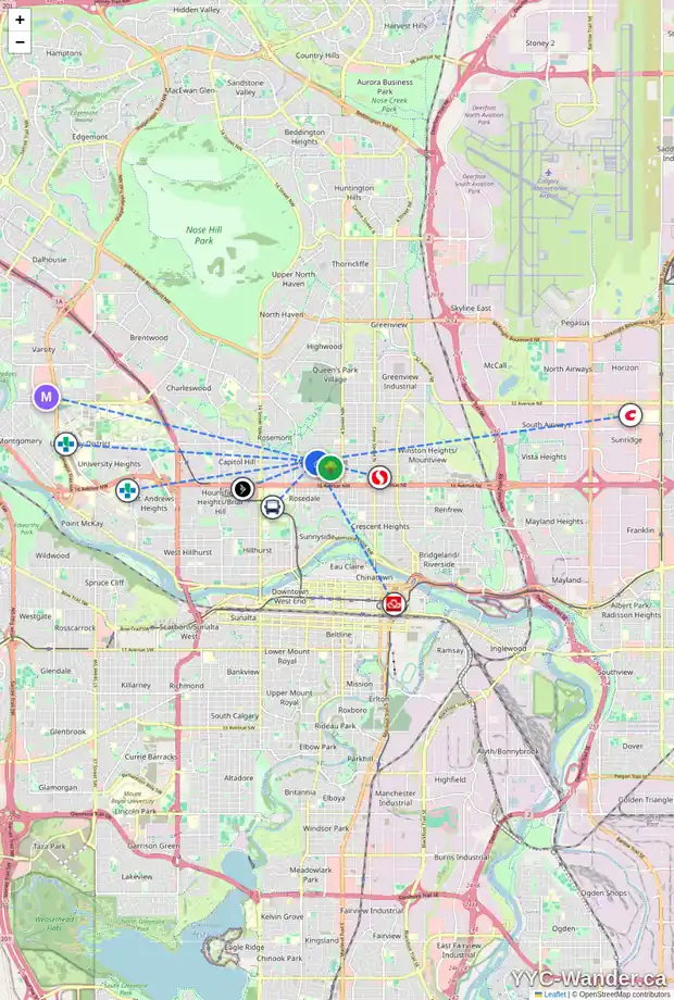 Daily accessibility map for 801 21 AV NW, Calgary showing nearby schools, grocery stores, parks, LRT stations and nearby amenities