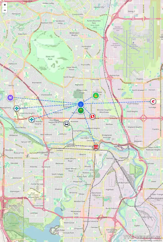 Daily accessibility map for 623 28 AV NW, Calgary showing nearby schools, grocery stores, parks, LRT stations and nearby amenities