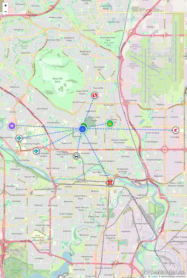 Daily accessibility map for 59 CAMBRIDGE RD NW, Calgary showing nearby schools, grocery stores, parks, LRT stations and nearby amenities