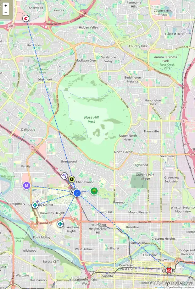 Daily accessibility map for 5 CATHEDRAL RD NW, Calgary showing nearby schools, grocery stores, parks, LRT stations and nearby amenities