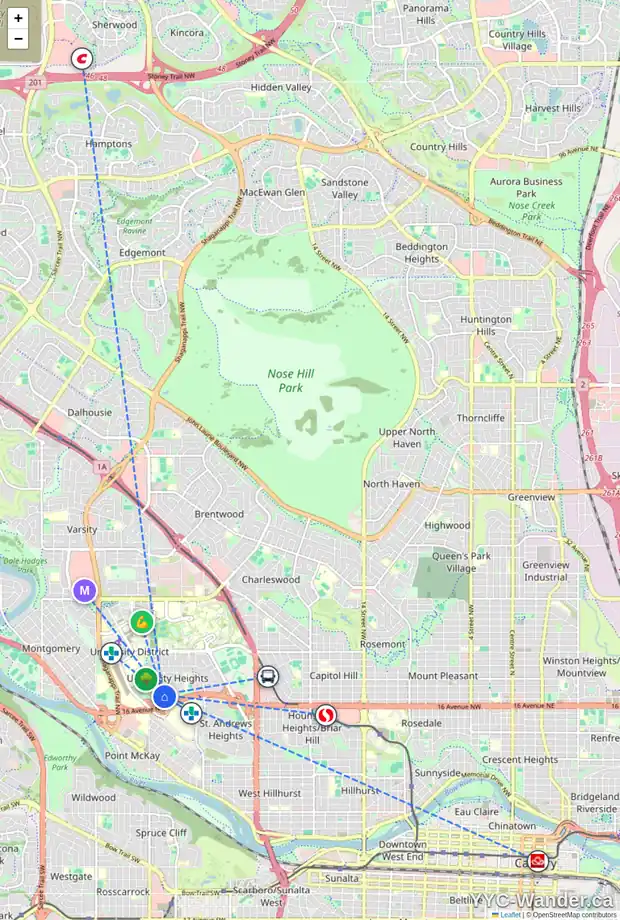 Daily accessibility map for 3412 UTAH DR NW, Calgary showing nearby schools, grocery stores, parks, LRT stations and nearby amenities
