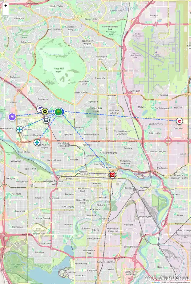 Daily accessibility map for 8 CUTHBERT PL NW, Calgary showing nearby schools, grocery stores, parks, LRT stations and nearby amenities