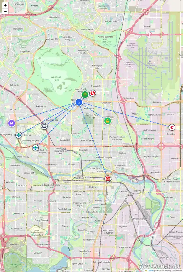 Daily accessibility map for 4847 NORTH HAVEN DR NW, Calgary showing nearby schools, grocery stores, parks, LRT stations and nearby amenities