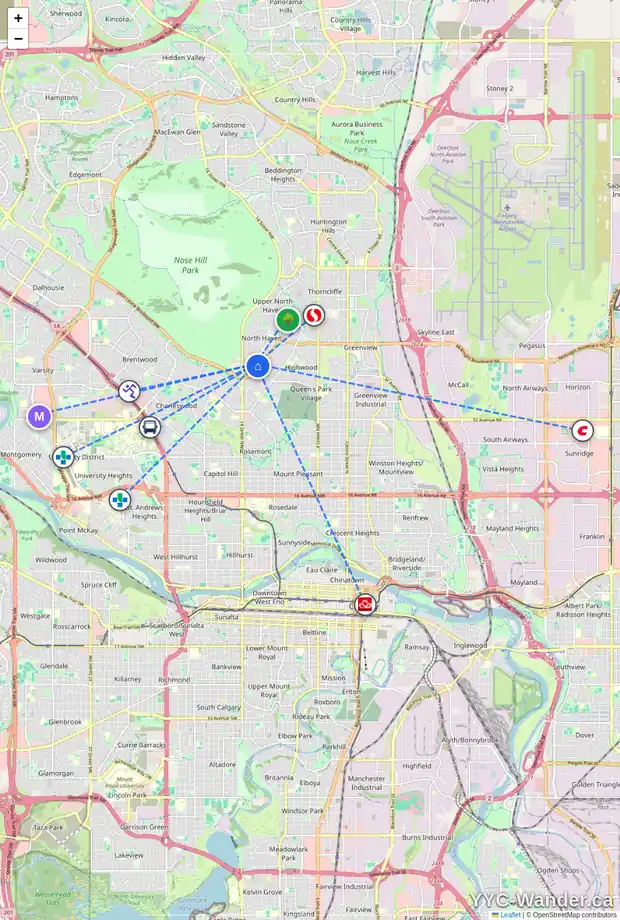 Daily accessibility map for 4535 NAMAKA CR NW, Calgary showing nearby schools, grocery stores, parks, LRT stations and nearby amenities