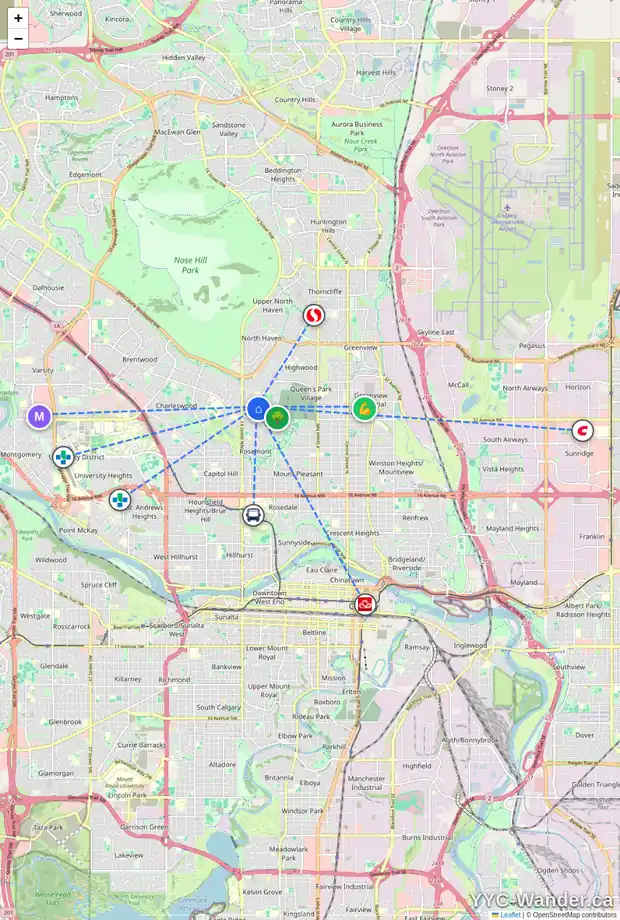 Daily accessibility map for 103 CUMBERLAND DR NW, Calgary showing nearby schools, grocery stores, parks, LRT stations and nearby amenities