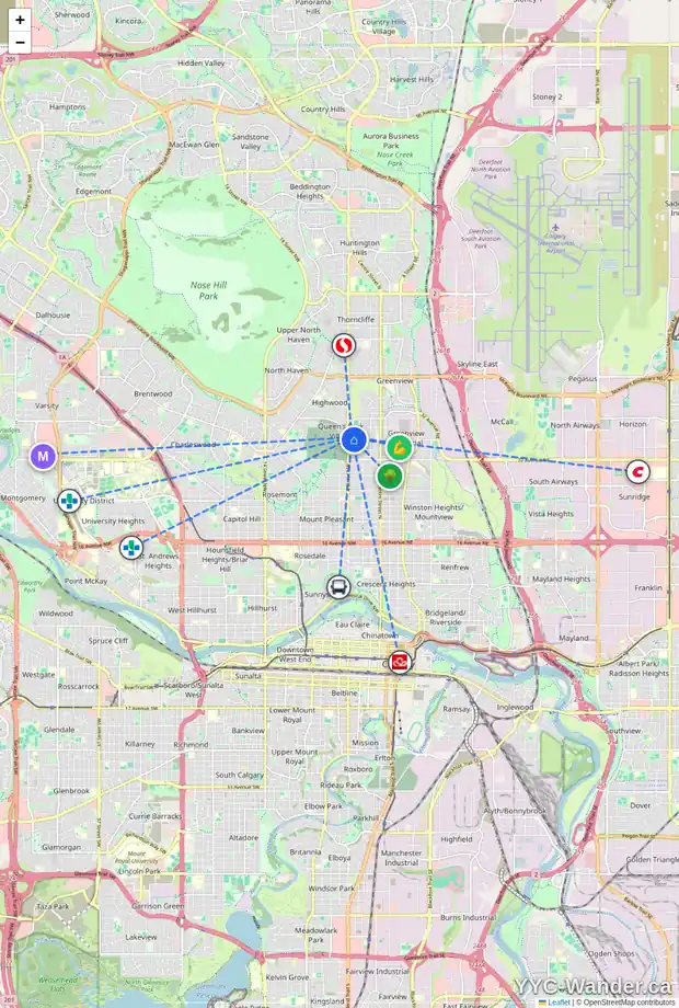 Daily accessibility map for 444 36 AV NW, Calgary showing nearby schools, grocery stores, parks, LRT stations and nearby amenities
